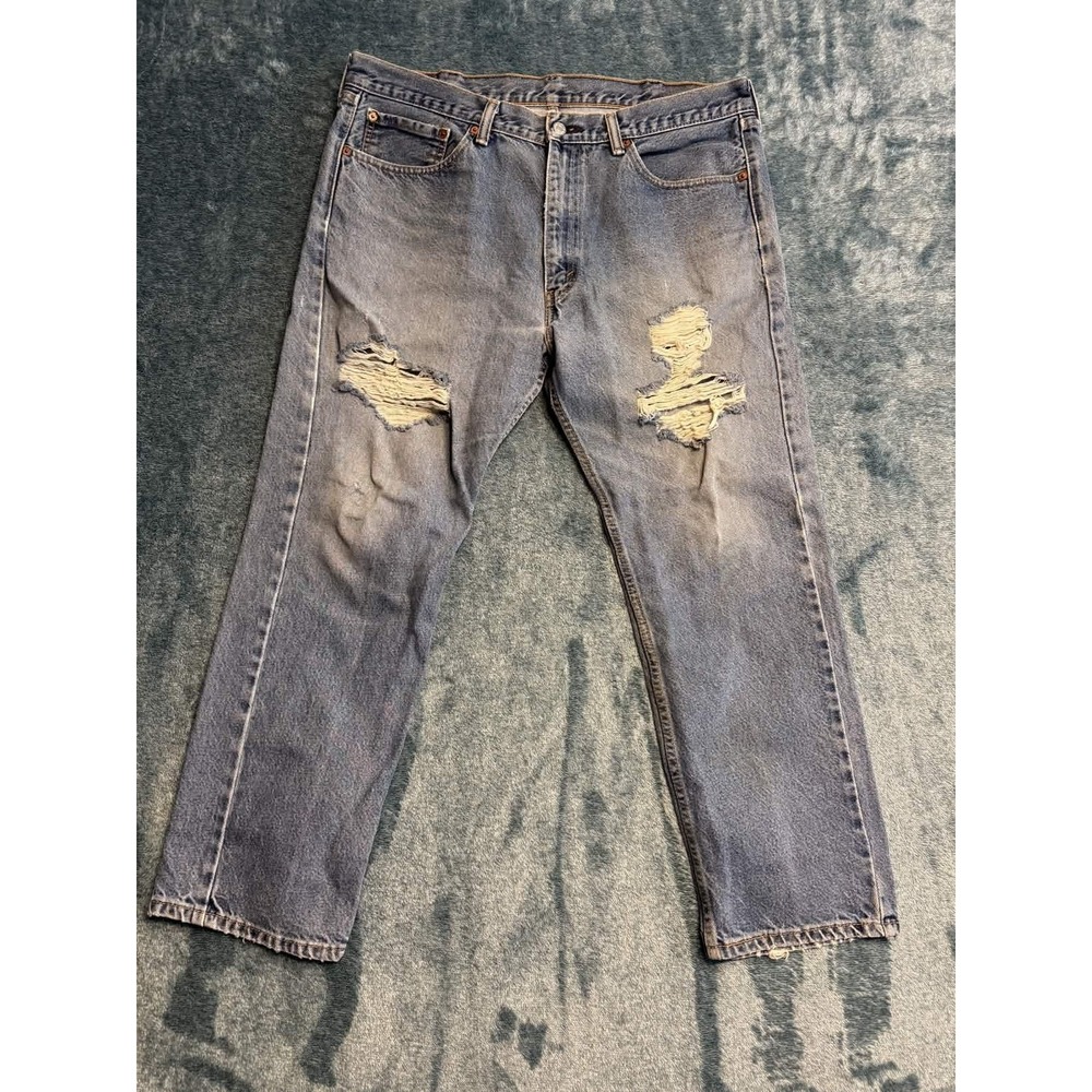 Levis 505 Straight Fit Jeans Mens 38x29 Blue Denim 100% Cotton Distressed Rip